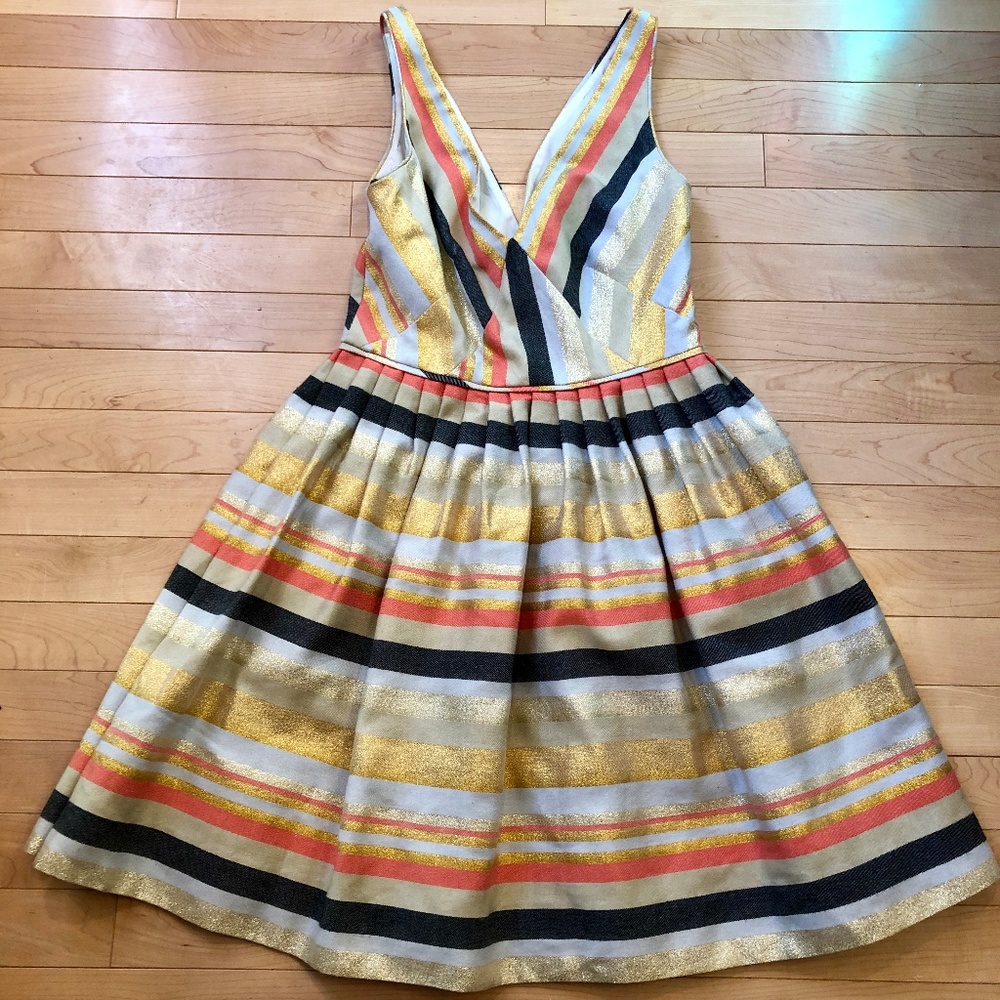 J.Crew Metallic Striped V-Neck Fit and Flare Dress